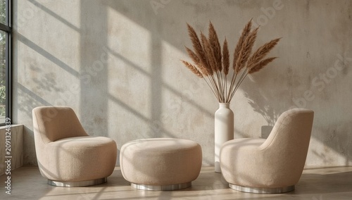 Seating Arrangement With Circular Furniture and Vase in a Bright Room