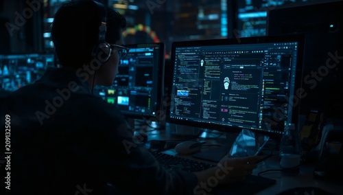 Person Using Computer in Dark Room With Screens Showing Data and Graphics Dur...