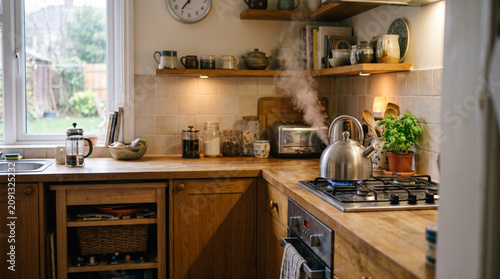 Steam rises from a boiling kettle on a gas hob in a rustic, inviting kitchen, filled with natural light and everyday essentials, creating a cozy and homely morning atmosphere in a modern dwelling