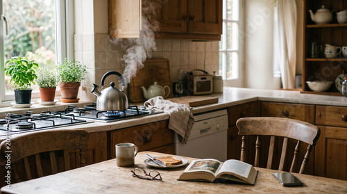 Cozy Rustic Kitchen Interior with Steaming Tea Kettle on Gas Stove and Morning Breakfast on Wooden Table