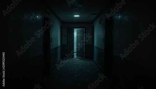 Dark Hallway With Open Door and Dim Light in Building at Night