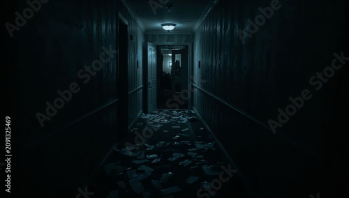 Dark Hallway With Open Door and Dim Light in Building at Night