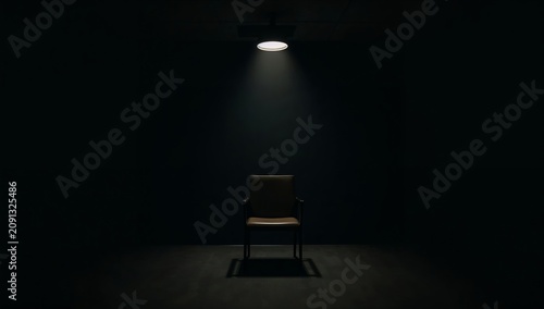 Empty Chair in a Dark Room With a Single Light Above Creating a Focused Spot