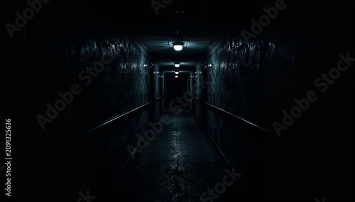 Long Dark Hallway With Lights in Abandoned Building at Night