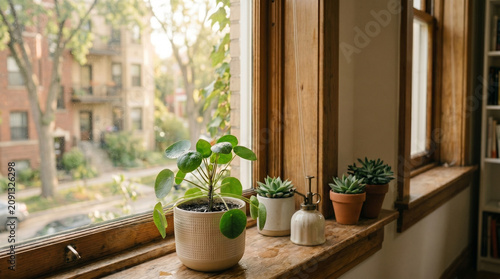 Cozy indoor plants on a sunlit windowsill with a blurred cityscape view