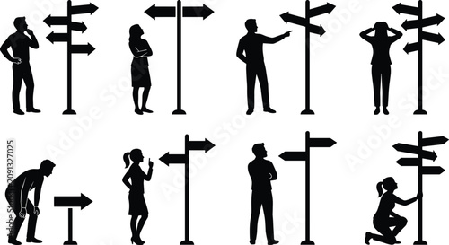 Obraz na płótnie Black silhouettes of men and women standing near directional signposts making de