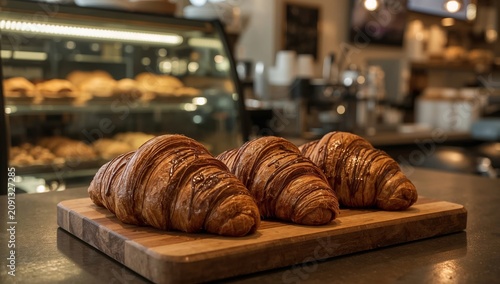 Fresh Croissants on a Wooden Board in a Cafe With a Display of Pastries in th...