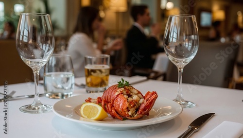 Dinner at a Restaurant With Seafood and Drinks Served on a Table With Elegant...