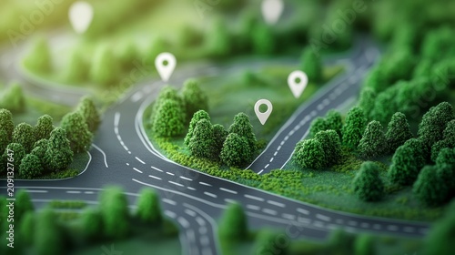 Aerial view of a map showing roads winding through a lush green forest with location markers.