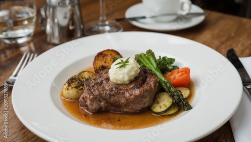 Perfectly Cooked Steak Served With Vegetables and Sauce on a White Plate in a...