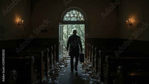 Person Stands in a Doorway of an Old Building With Damaged Walls and Empty Be...