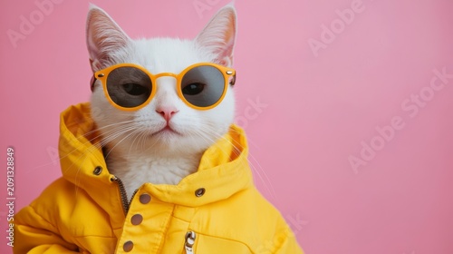Cool white cat wearing yellow raincoat and sunglasses against pink background.
