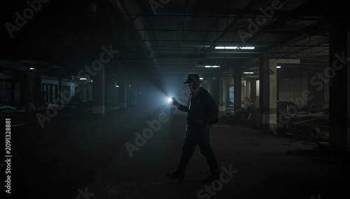 Man Walks Through Dark Building Using Flashlight in Abandoned Area