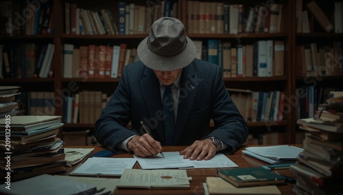 Scholar Writes Notes in Library Surrounded by Stacks of Papers in Afternoon L...