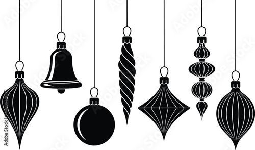 Collection of hanging christmas ornaments vector illustration in black and white colors