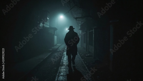 Mystery Figure Walking in a Dark Alley With Blue Light in the Background at N...