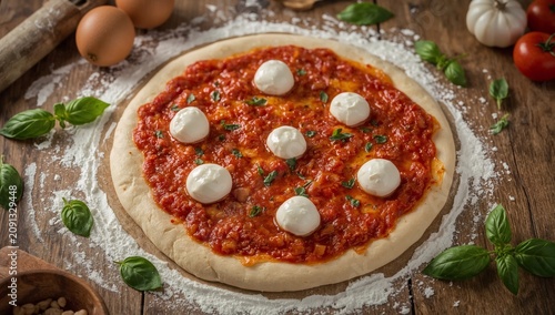 Fresh Pizza Preparation on a Wooden Surface With Sauce, Cheese, and Basil in ...