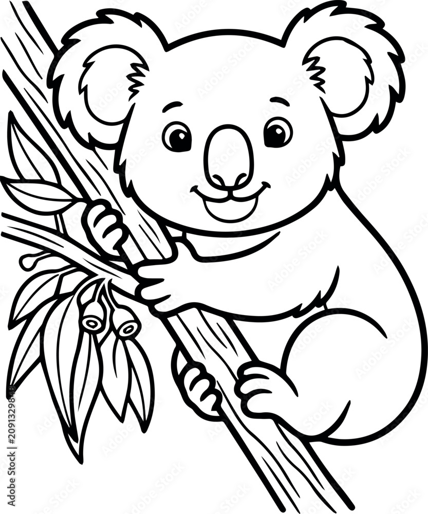 Fototapeta premium Happy koala bear hugging tree branch with leaves, cute animal illustration for coloring.