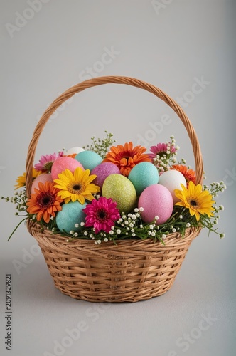 Bright Basket With Colored Eggs and Flowers for Spring Celebration