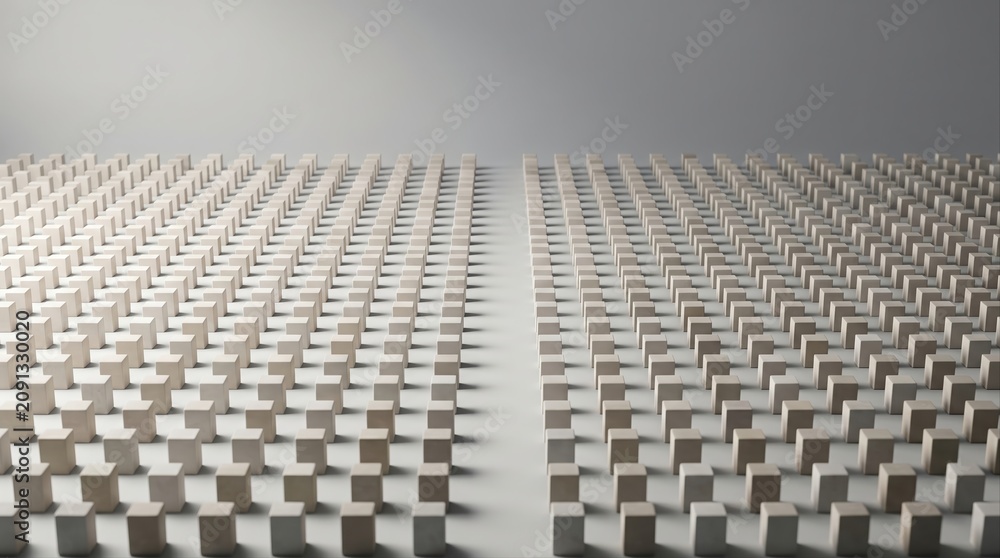 Obraz premium An orderly field of small wooden cubes arranged in perspective rows separated by a central pathway on a neutral background, corporate organization idea, abstract minimalist concept.