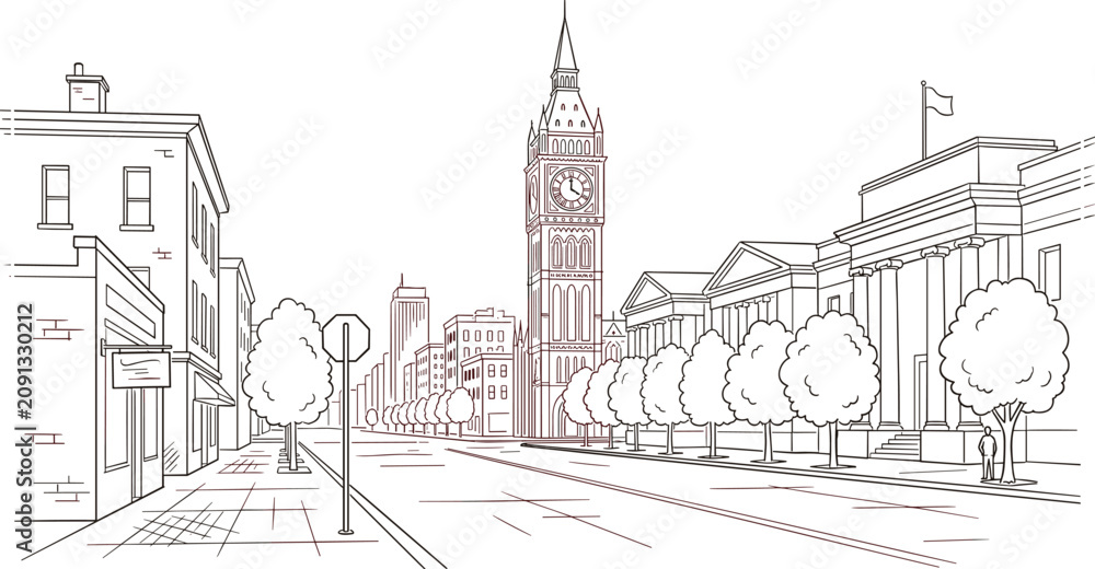 Obraz premium European avenue sketch showcasing historical clocktower alongside pedestrian sidewalk with outdoor boutique store contours