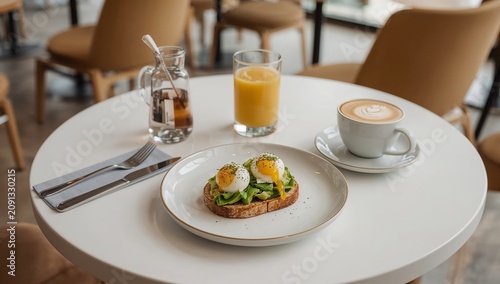 Breakfast Served at a Cafe With Eggs, Toast, Coffee and Juice on a Table