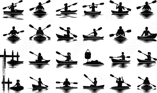 Silhouettes of people kayaking in water for sports and recreation