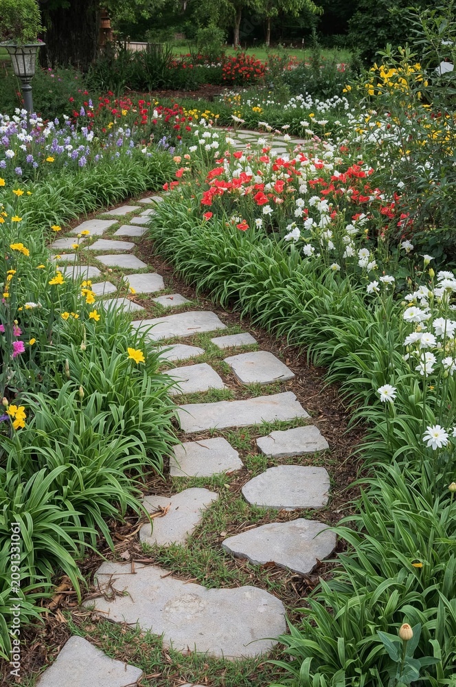 Naklejka premium Pathway Leads Through a Garden With Flowers and Green Plants on a Sunny Day in Springtime