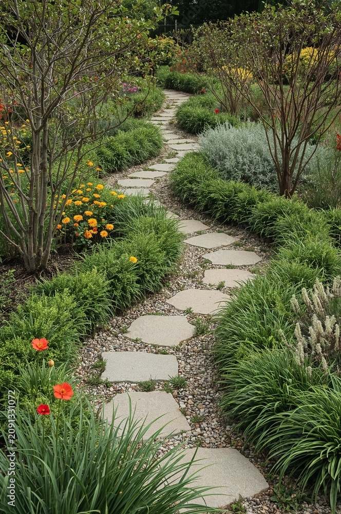 Naklejka premium Pathway Leads Through a Garden With Flowers and Green Plants on a Sunny Day in Springtime