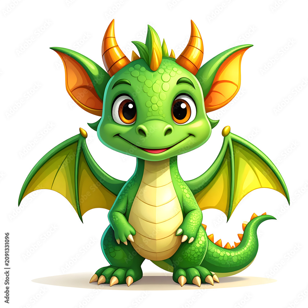 Fototapeta premium Cute little baby dragon standing proudly smiling with tiny wings in cheerful kawaii style generative AI