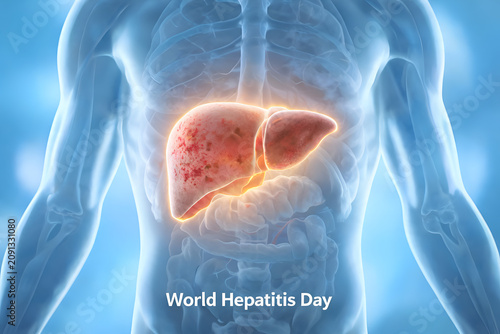 World hepatitis day illustration showing diseased human liver glowing with infection and illness