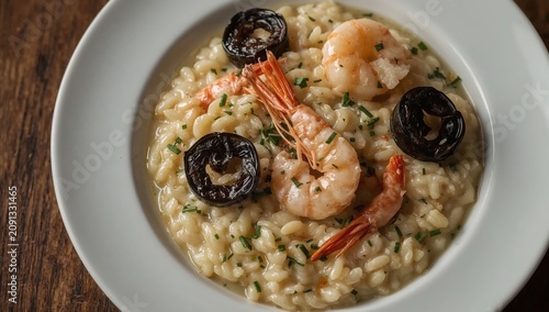 Shrimp Risotto With Mushrooms Served on a White Plate in a Restaurant Setting...