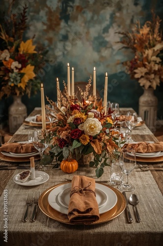 Table Set for a Gathering With Candles and Flowers in a Dining Area During Au...