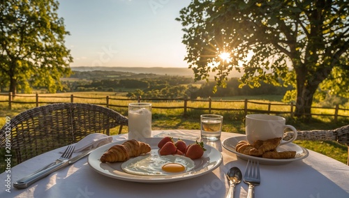 Breakfast Setup on a Table in a Field During Sunrise With Food and Drinks