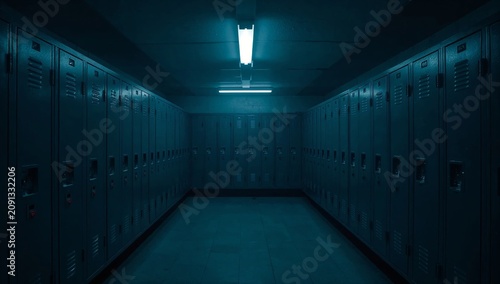 Empty Hallway With Blue Lockers and Overhead Light in a School Setting