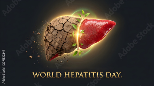 World hepatitis day symbol of healthy liver growing from dry cracked earth and green leaves