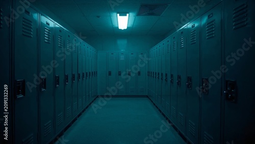 Empty Hallway With Blue Lockers and Overhead Light in a School Setting