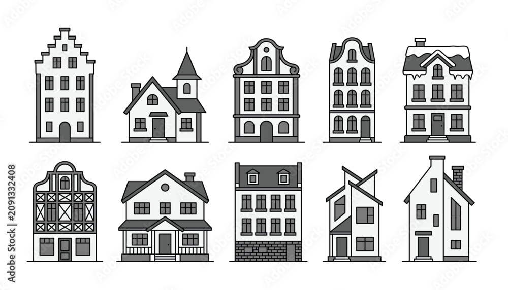 Fototapeta premium European house and town building line art vector set. Monochromatic tiny homes with various roofs, windows, doors, chimneys and architectural facades.