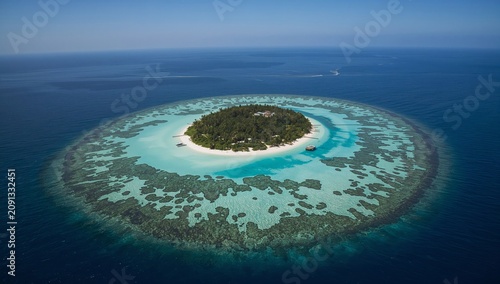 Island With Lush Greenery and Clear Waters in the Ocean Under a Blue Sky With...