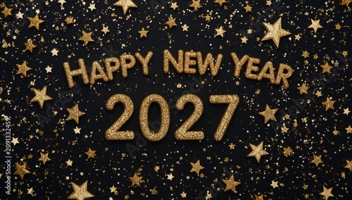 Happy New Year Greeting With Golden Stars for the Year 2027 on a Dark Background