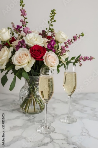 Celebration With Glasses of Sparkling Drink and Flower Bouquet on a Marble Table