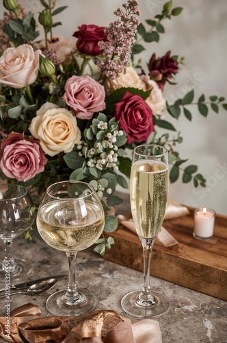 Celebration With Glasses of Sparkling Drink and Flower Bouquet on a Marble Table