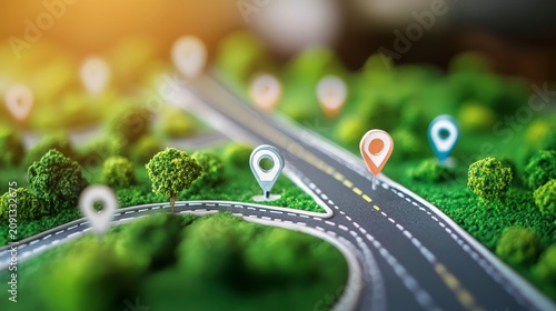 Miniature road map model with location markers showing route planning and navigation.