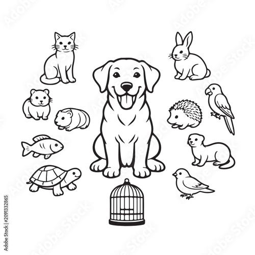 Tableau sur toile Cute pet animal collection, black and white line art vector set of 12 domestic a