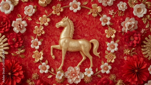 Decorative Display of a Golden Horse With Red Lanterns for Celebration in a C...