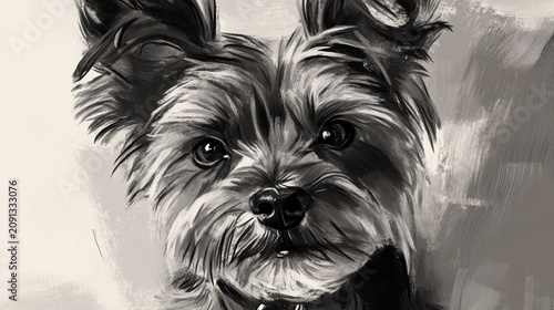 Monochrome painted portrait of a Yorkshire Terrier dog.