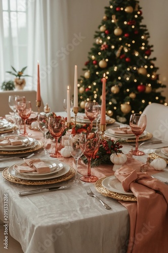 Holiday Dinner Setup With Red Decorations and Christmas Tree in a Cozy Room