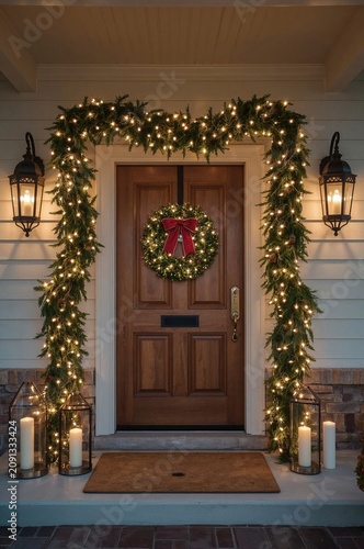 Decorated Front Door With Holiday Lights and Wreath in the Evening
