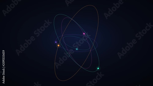 A digital illustration depicts glowing lines and orbs orbiting in space.