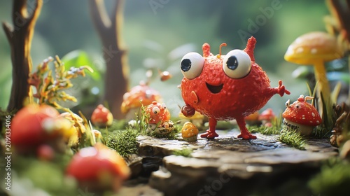 Playful red creature in a whimsical mushroom forest.